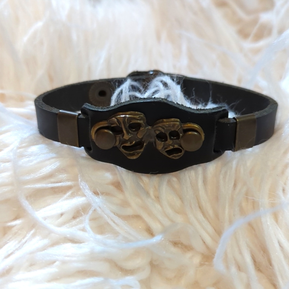 Leather Comedy/ Tragedy Masks Bracelet, Black